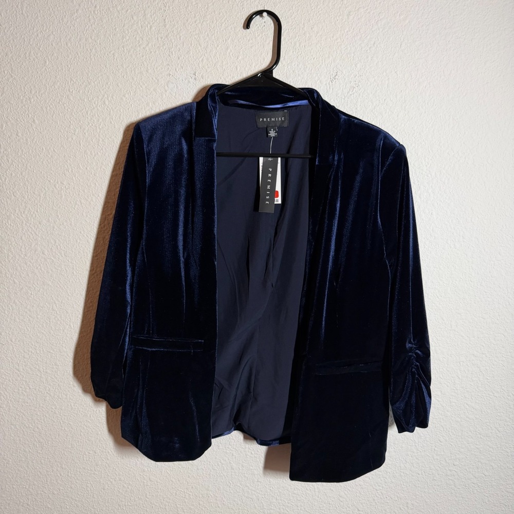 Premise Velvet Blazer Jacket Womens 8 Navy Blue Pockets Long‎ Sleeve Open Front
